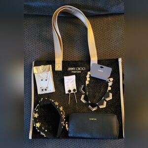Black & Gold Bundle of 6 Ann Klein Jewelry, Jimmy Choo Tote, Headband, & More